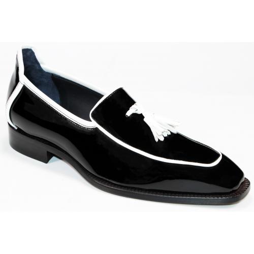 Duca Di Matiste "Fano" Black / White Genuine Italian Patent Leather Tassel Loafer Shoes.